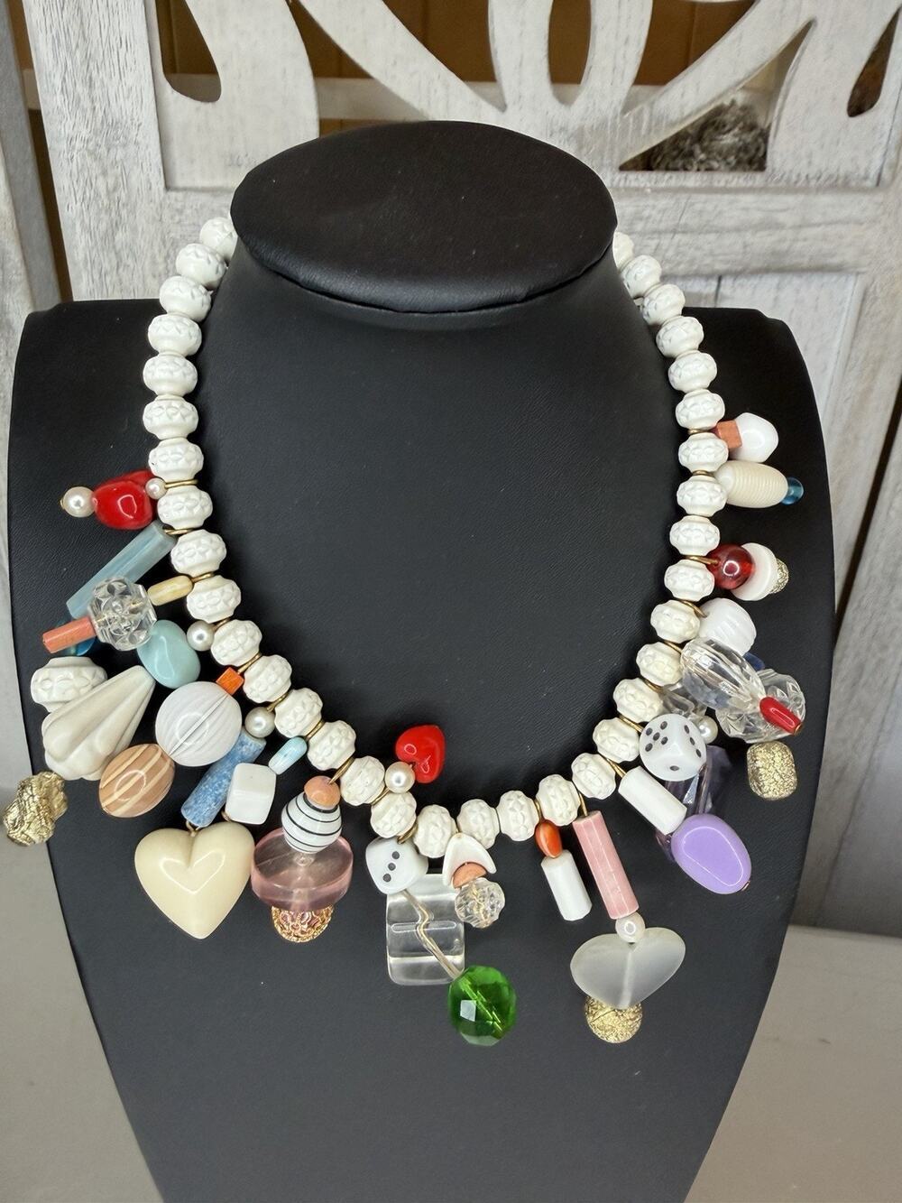 60s Vintage Charm Necklace Retro Fun Dice Hearts Colorful Art To Wear Statement